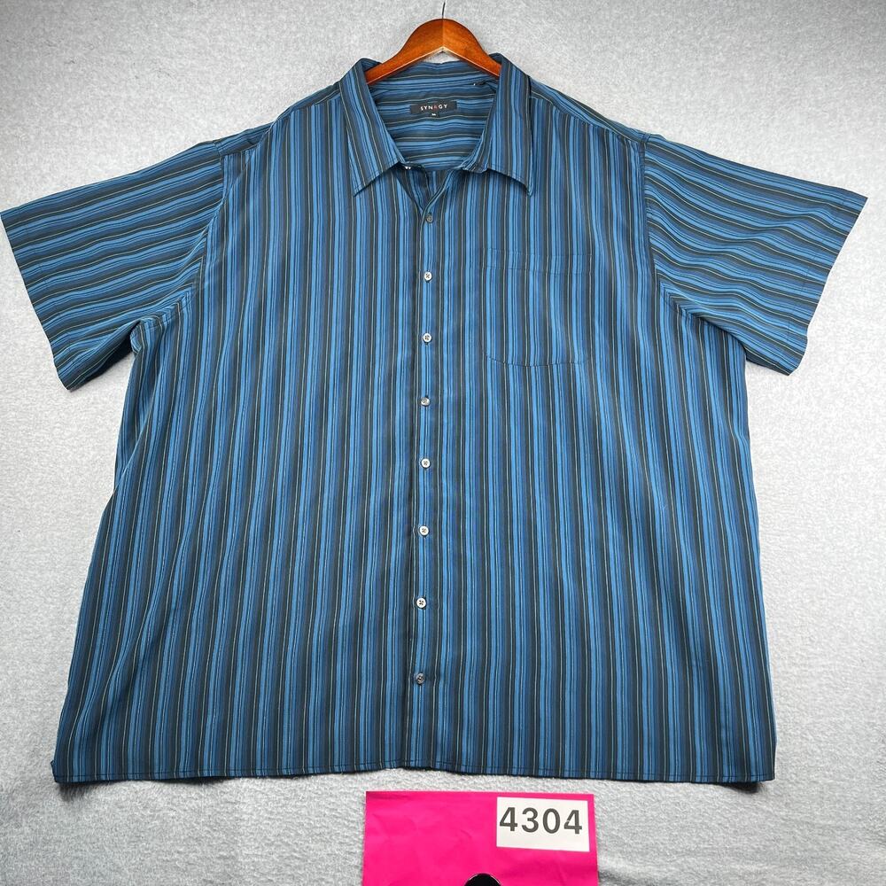SYNRGY Shirt Blue Black Striped Casual Button Up Short Sleeve Mens 5XL